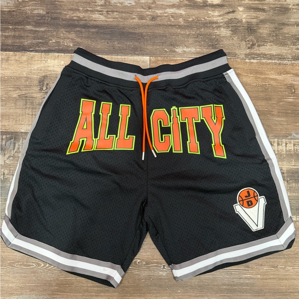 Just Don Black Mesh 'ALL CITY' Basketball Shorts with Neon Orange/Yellow Logo